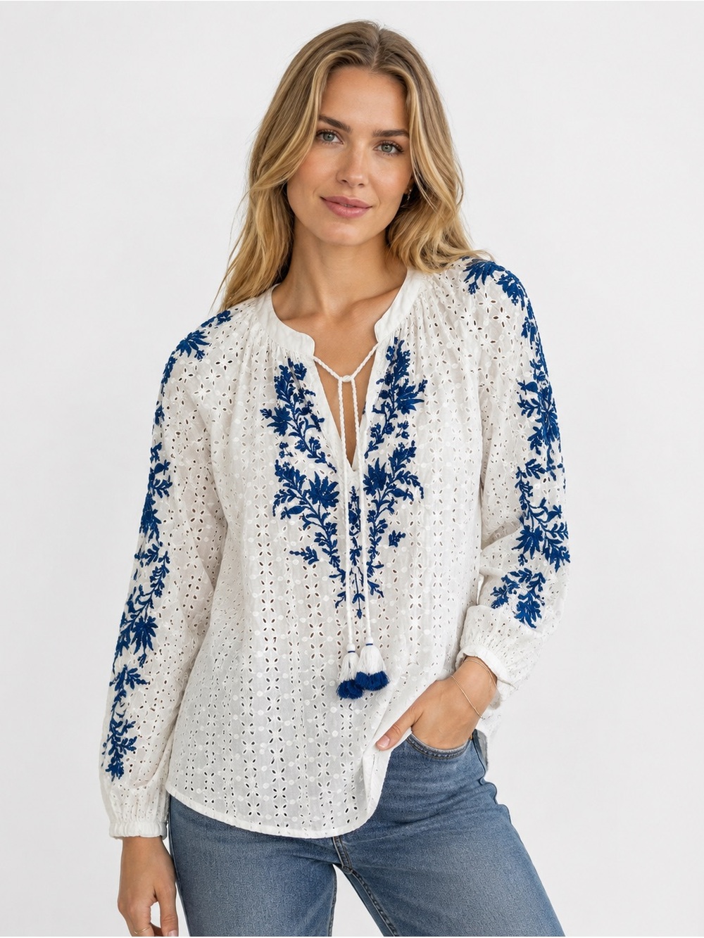 Johnny Was White Eyelet Tunic with Blue Floral Embroidery